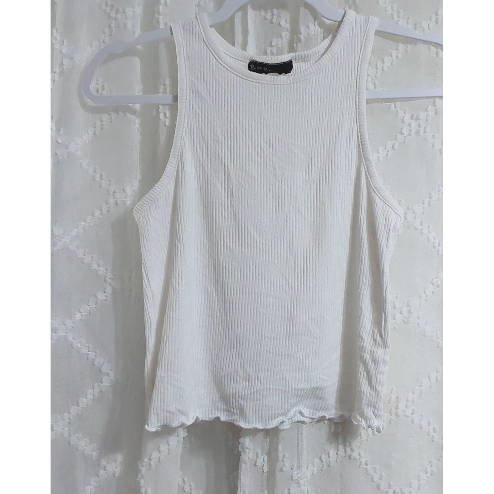 Brit & Bear Women Cream Ribbed Knit Tank Top Lettuce Edge Hem Medium Sleeveless